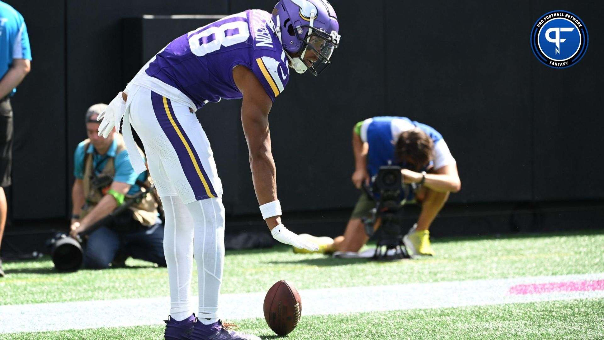 Minnesota Vikings wide receiver Justin Jefferson (18) reacts after scoring a touchdown in the third quarter at Bank of America Stadium.