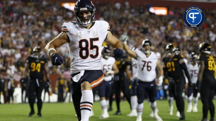 Chicago Bears tight end Cole Kmet (85) celebrates after catching a touchdown pass against the Washington Commanders during the second quarter at FedExField.