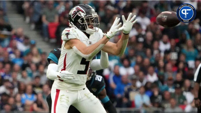 Drake London (5) catches the ball against the Jacksonville Jaguars in the second half during an NFL International Series game at Wembley Stadium.