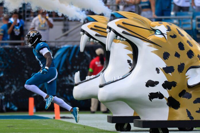 Calvin Ridley (0) is introduced before a NFL football game Sunday, Sept. 17, 2023 at EverBank Stadium in Jacksonville, Fla.