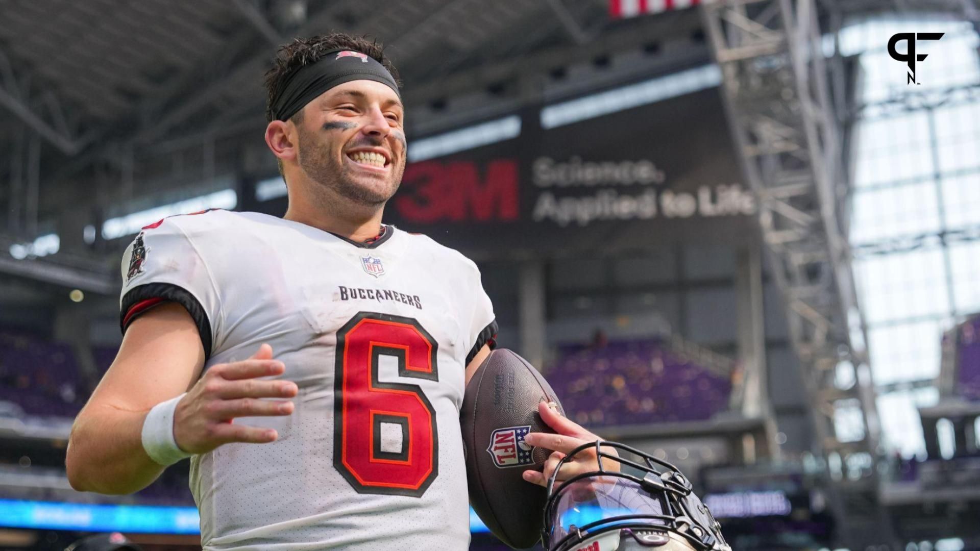 Baker Mayfield (6) leaves the field after the game against the Minnesota Vikings at U.S. Bank Stadium.