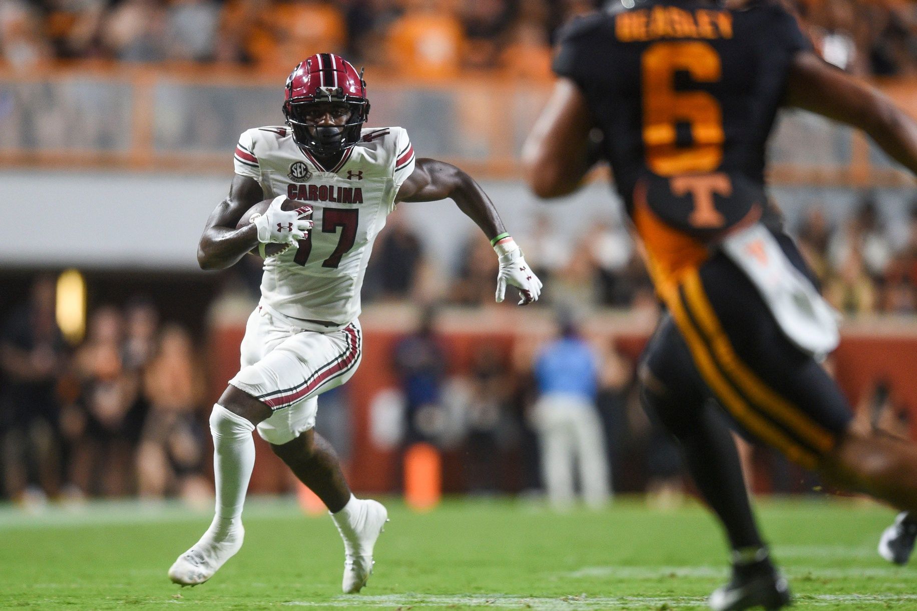 Xavier Legette (17) with the ball during an NCAA college football game between Tennessee and South Carolina.