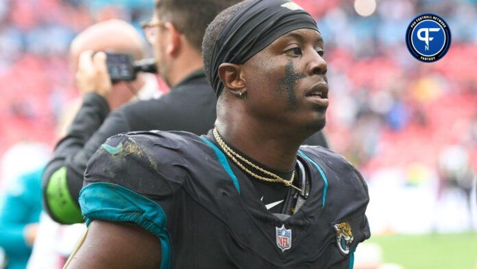 Jacksonville Jaguars running back Travis Etienne Jr. (1) leaves the field after the second half of an NFL International Series game at Wembley Stadium.