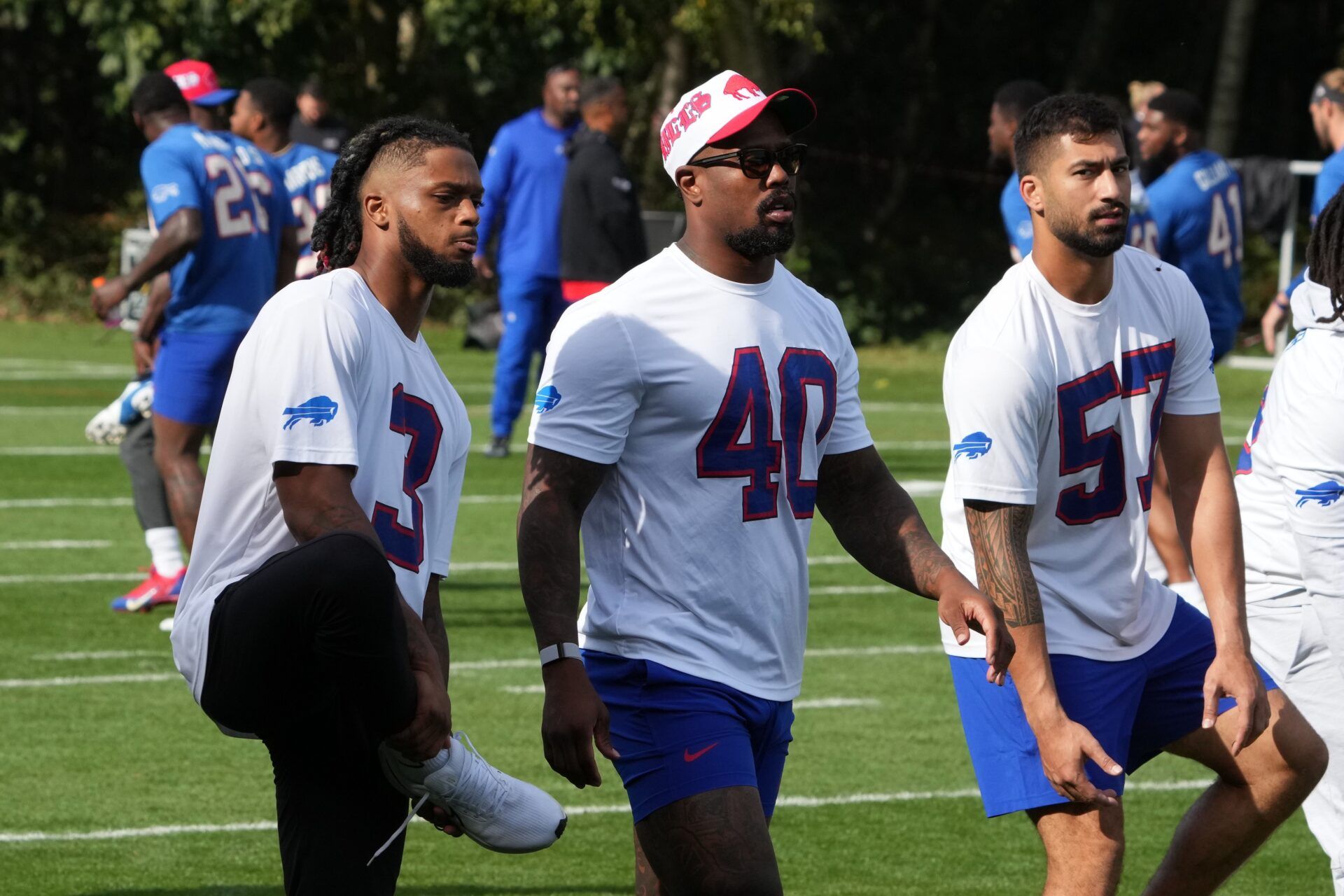 Bills safety Damar Hamlin (3), linebacker Von Miller (40) and defensive end AJ Epenesa (57) during press conference at The Grove Hotel.