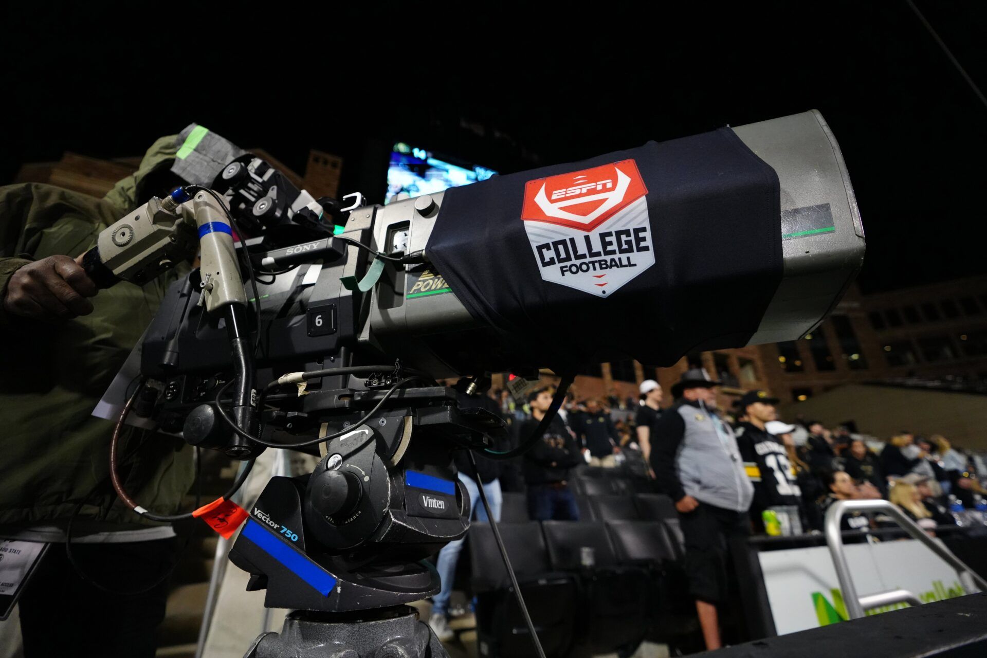 General view of a ESPN college game day broadcast camera in the end zone during the game between the Colorado State Rams against the Colorado Buffaloes at Folsom Field.