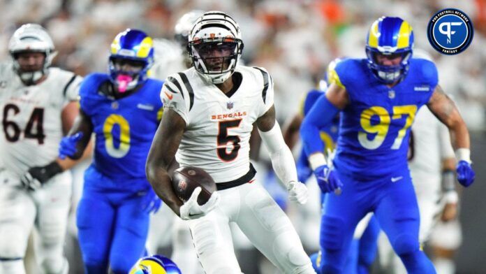 Tee Higgins (5) runs downfield after a catch in the third quarter during a Week 3 NFL football game between the Los Angeles Rams and the Cincinnati Bengals at Paycor Stadium.