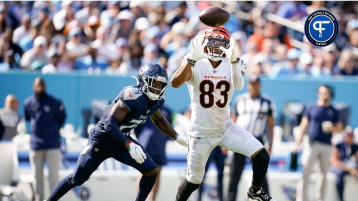 Cincinnati Bengals wide receiver Tyler Boyd (83) brings in a pass for a first down past Tennessee Titans cornerback Roger McCreary (21) during the third quarter at Nissan Stadium.