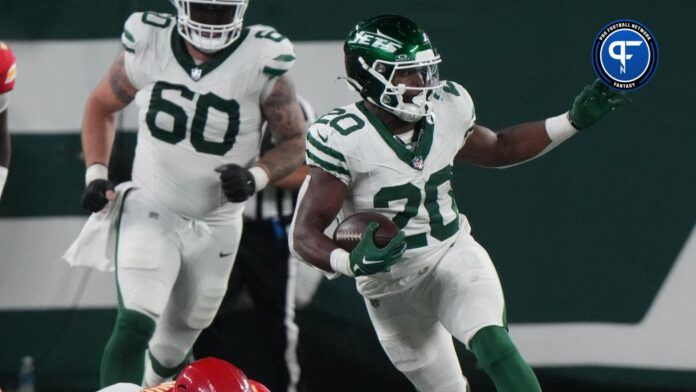 Drue Tranquill of the Chiefs misses Breece Hall of the Jets as he runs the ball in the second half. The New York Jets host the Kansas City Chiefs at MetLife Stadium.