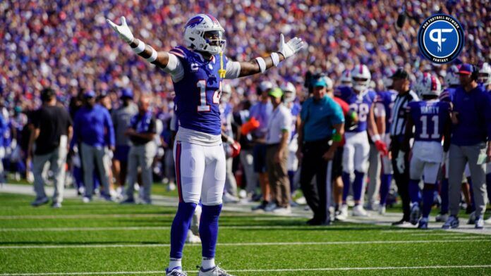 Buffalo Bills wide receiver Stefon Diggs (14) reacts to the crowd for scoring a touchdown against the Miami Dolphins during the second half at Highmark Stadium.