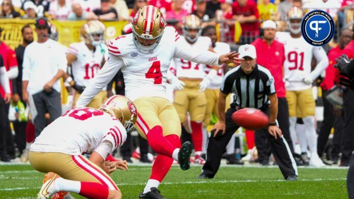 San Francisco 49ers place kicker Jake Moody (4) kicks a field goal against the Pittsburgh Steelers during the first half at Acrisure Stadium.