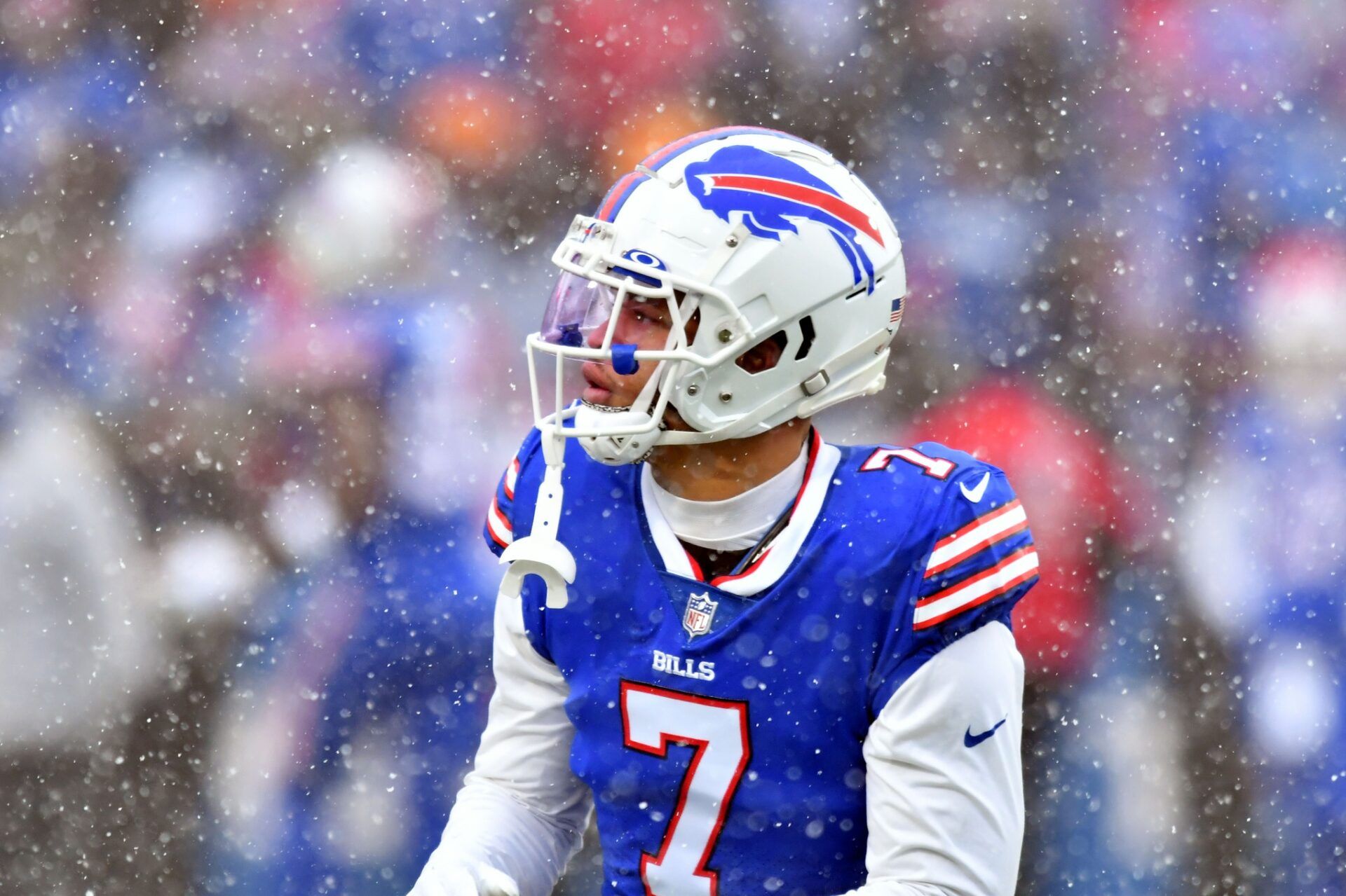 Buffalo Bills cornerback Taron Johnson (7) looks on during warmups before an AFC divisional round game between the Buffalo Bills and the Cincinnati Bengals at Highmark Stadium.