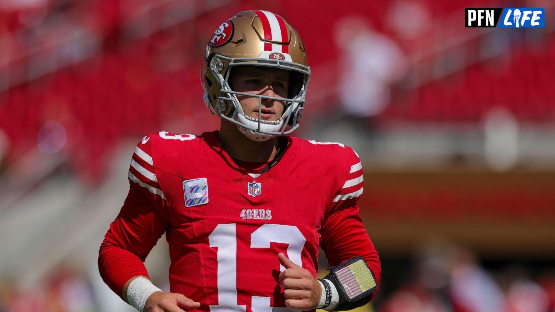 Brock Purdy (13) warms up before the game against the Arizona Cardinals at Levi's Stadium.