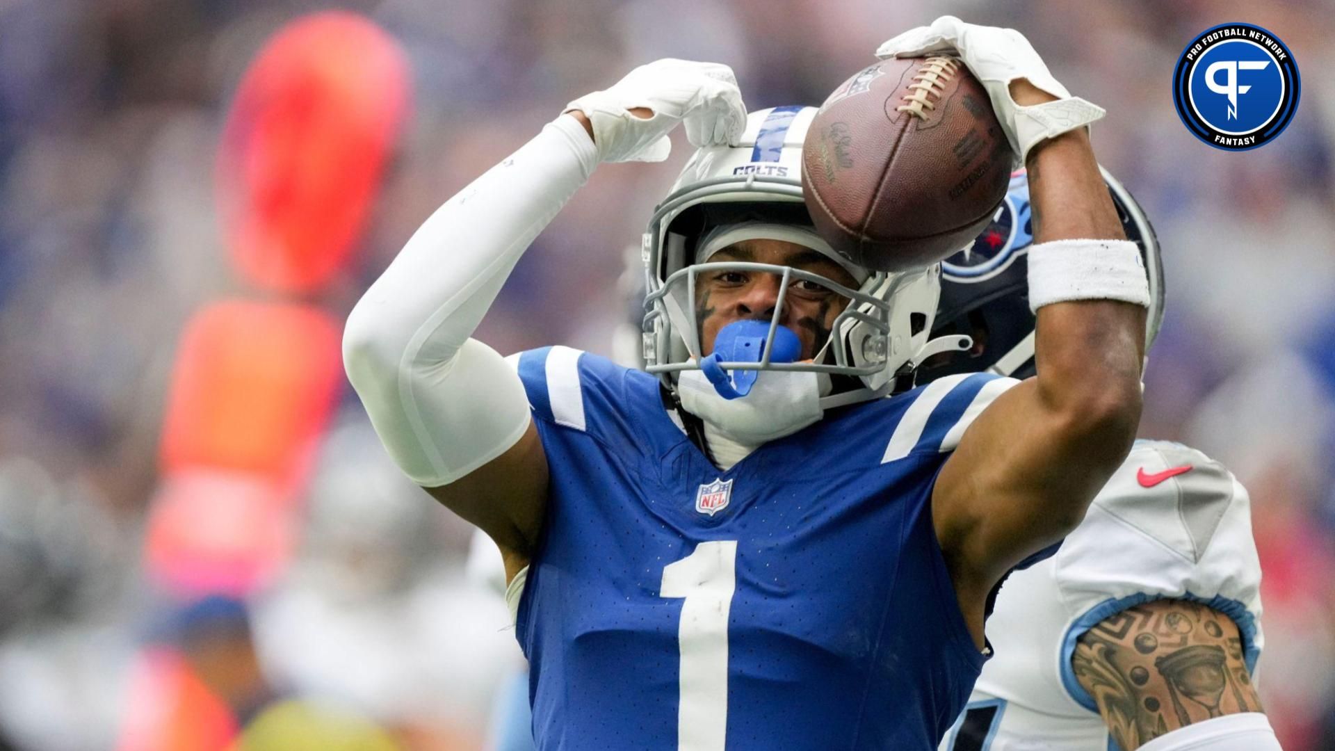 Josh Downs (1) reacts after making a catch Sunday, Oct. 8, 2023, during a game against the Tennessee Titans at Lucas Oil Stadium in Indianapolis.