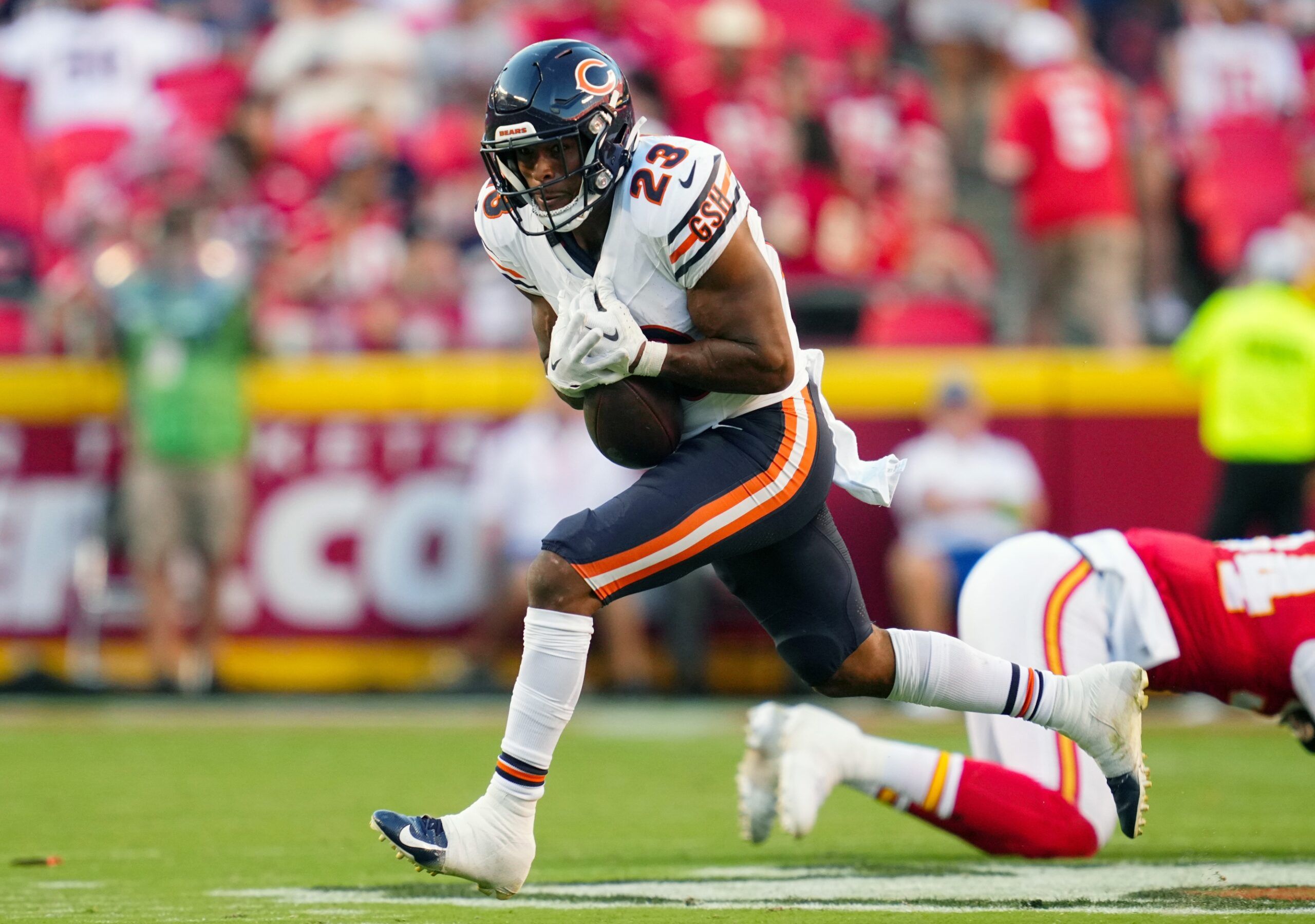 Roschon Johnson (23) catches a pass against the Kansas City Chiefs during the second half at GEHA Field at Arrowhead Stadium.