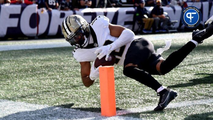 New Orleans Saints wide receiver Chris Olave (12) can t control the ball as he crosses the end zone during the second half against the New England Patriots at Gillette Stadium.