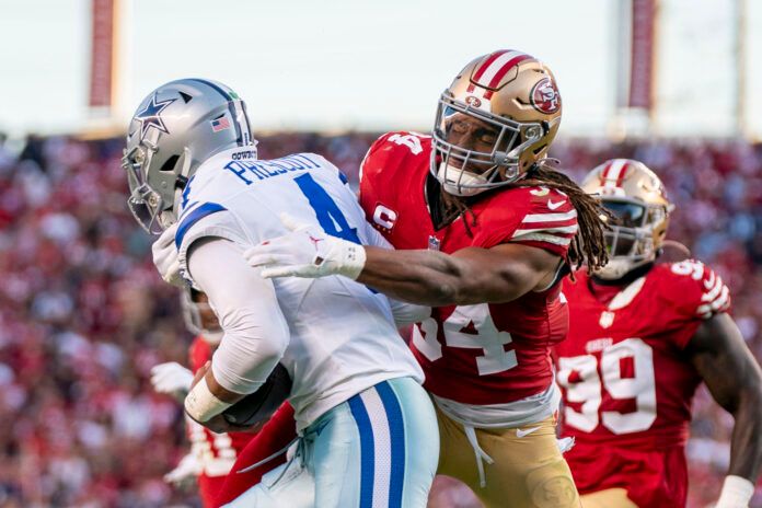 October 8, 2023; Santa Clara, California, USA; San Francisco 49ers linebacker Fred Warner (54) sacks Dallas Cowboys quarterback Dak Prescott (4) during the second quarter at Levi's Stadium. Mandatory Credit: Kyle Terada-USA TODAY Sports