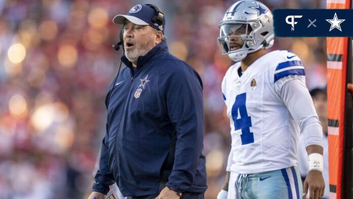 Dallas Cowboys head coach Mike McCarthy (left) and quarterback Dak Prescott (4) watch against the San Francisco 49ers during the first quarter at Levi's Stadium.