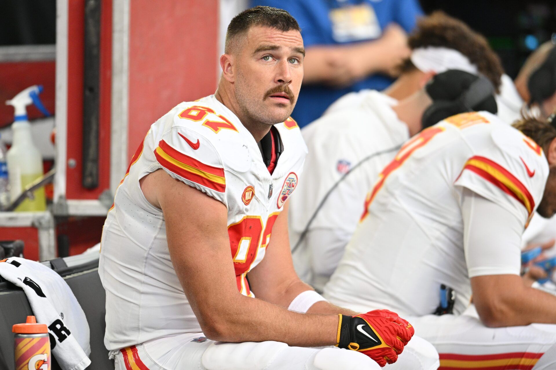 Kansas City Chiefs TE Travis Kelce (87) sits on the team's bench.