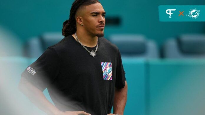 Miami Dolphins wide receiver Chase Claypool stands on the field prior to the game against the New York Giants at Hard Rock Stadium.