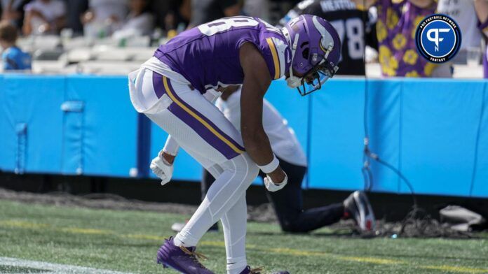 Minnesota Vikings wide receiver Justin Jefferson (18) celebrates his touchdown during the first quarter against the Carolina Panthers at Bank of America Stadium.