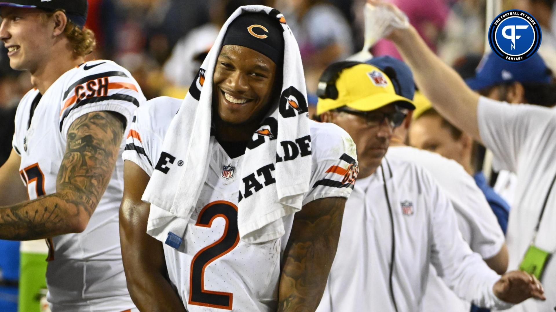 DJ Moore (2) reacts against the Washington Commanders during the second half at FedExField.