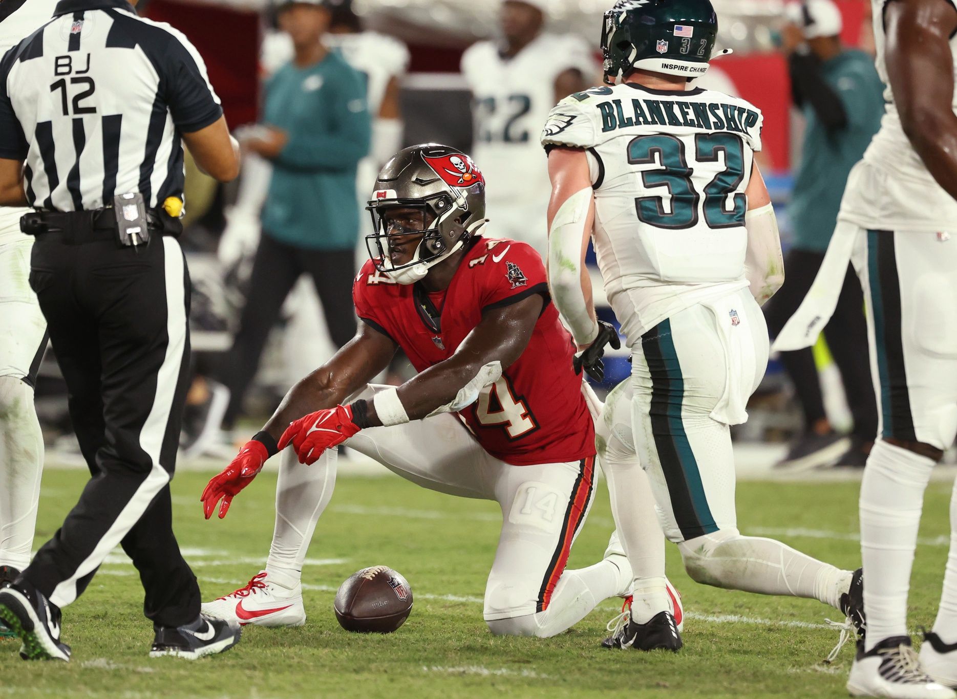 Chris Godwin (14) gets the first down against the Philadelphia Eagles during the first half at Raymond James Stadium.