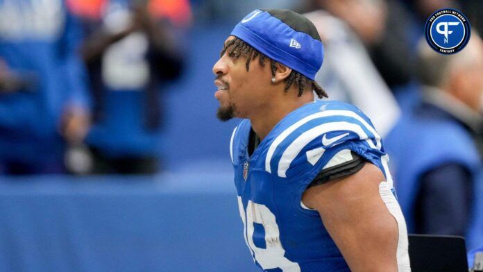 Jonathan Taylor (28) leaves the field Sunday, Oct. 8, 2023, after defeating the Tennessee Titans at Lucas Oil Stadium in Indianapolis.