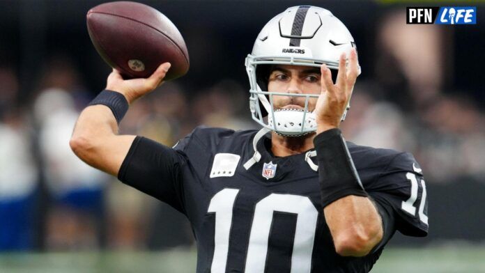 Jimmy Garoppolo (10) warms up before the start of a game against the Pittsburgh Steelers at Allegiant Stadium.