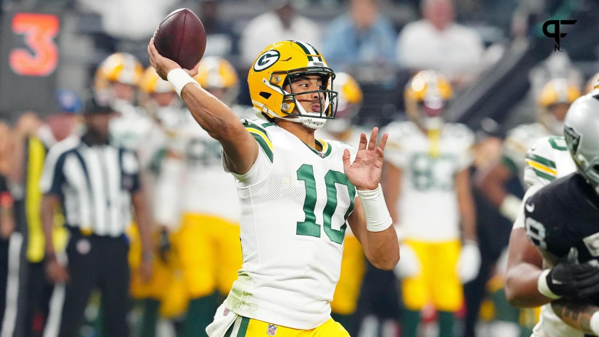 Green Bay Packers quarterback Jordan Love (10) attempts a pass against the Las Vegas Raiders during the third quarter at Allegiant Stadium.