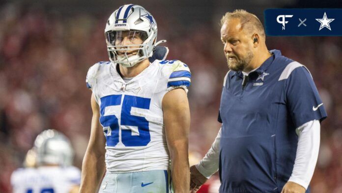 Dallas Cowboys LB Leighton Vander Esch (55) leaves the game after an injury.