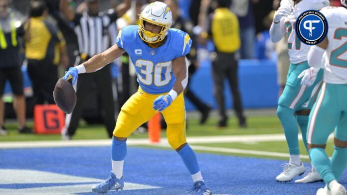 Los Angeles Chargers RB Austin Ekeler (30) celebrates after a touchdown against the Miami Dolphins.