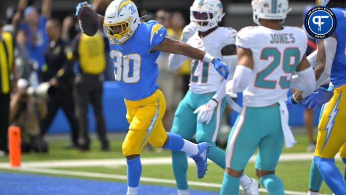 Los Angeles Chargers running back Austin Ekeler (30) celebrates after a touchdown in the first half against the Miami Dolphins.