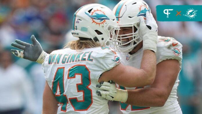 Miami Dolphins linebacker Andrew Van Ginkel (43) and defensive tackle Zach Sieler (92) celebrate a sack against the New York Giants during the second half of an NFL game at Hard Rock Stadium in Miami Gardens, October 8, 2023.