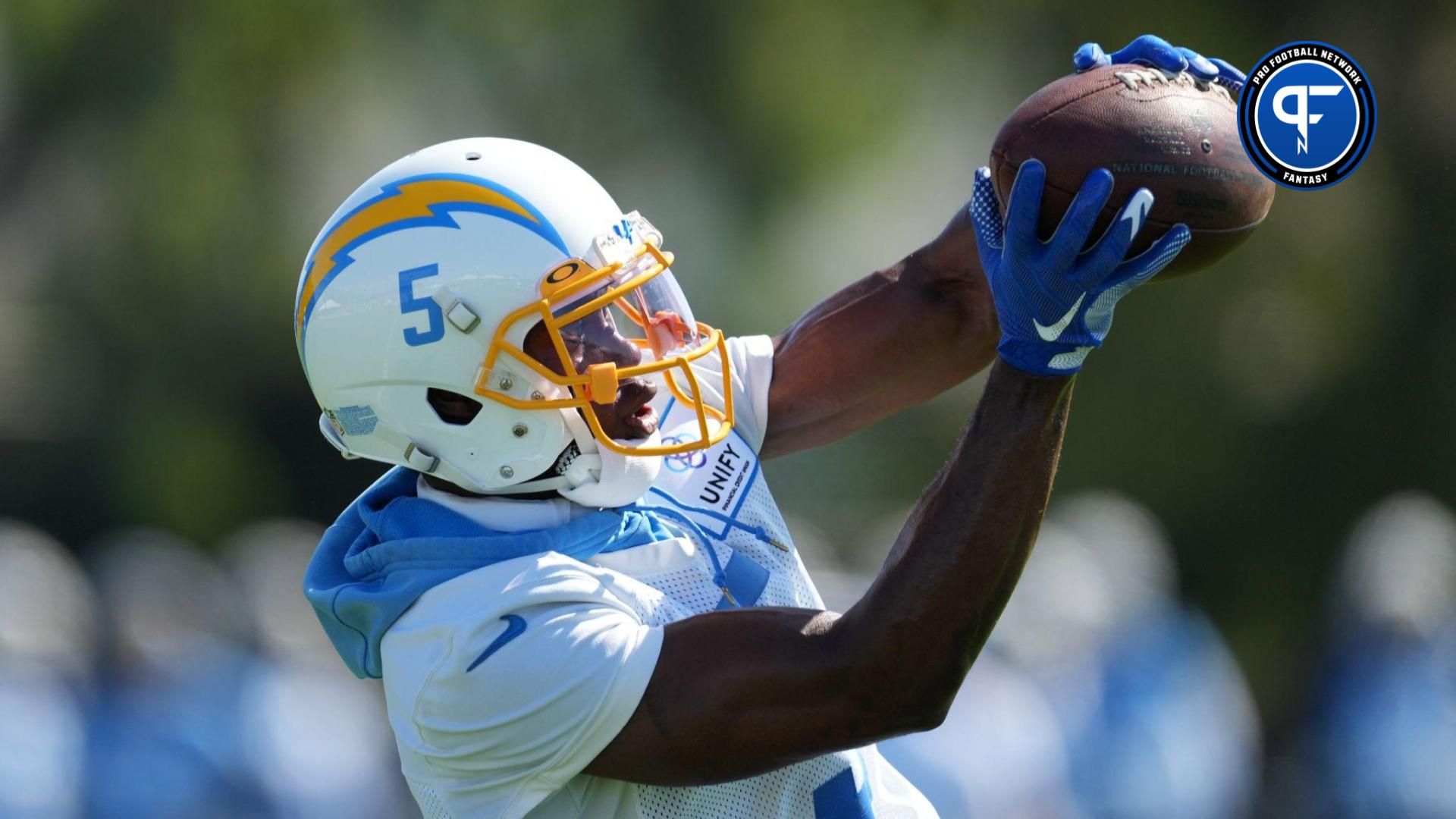 Los Angeles Chargers receiver Joshua Palmer (5) catches the ball during training camp at Jack Hammett Sports Complex.