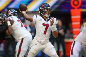 Houston Texans quarterback C.J. Stroud (7) throws a pass against the Atlanta Falcons in the second half at Mercedes-Benz Stadium.