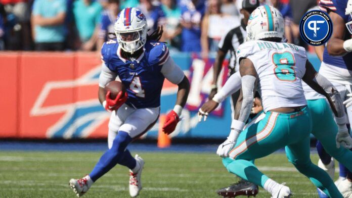 Bills running back James Cooks looks for room to run against the Dolphins.