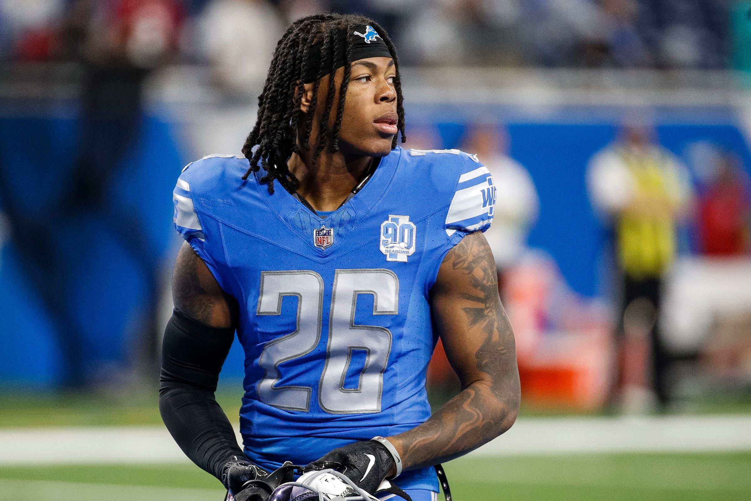 Detroit Lions running back Jahmyr Gibbs warms up before the Atlanta Falcons game at Ford Field in Detroit on Sunday, Sept. 24, 2023.