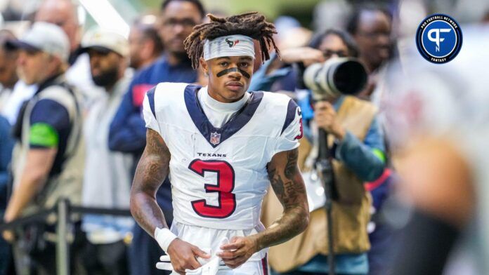 Houston Texans wide receiver Tank Dell (3) on the field before the game against the Atlanta Falcons at Mercedes-Benz Stadium.