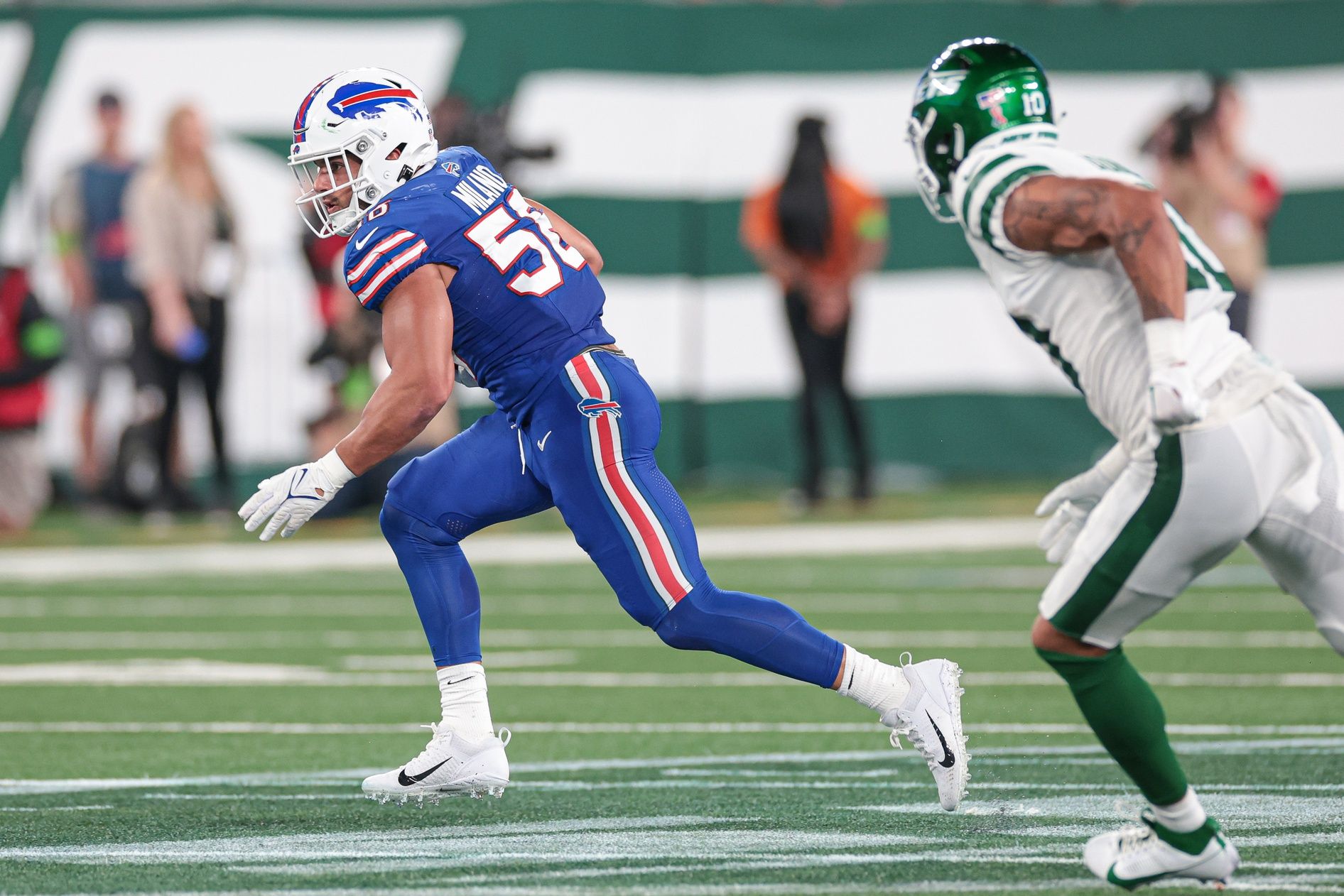 Buffalo Bills LB Matt Milano (58) returns an interception against the New York Jets.