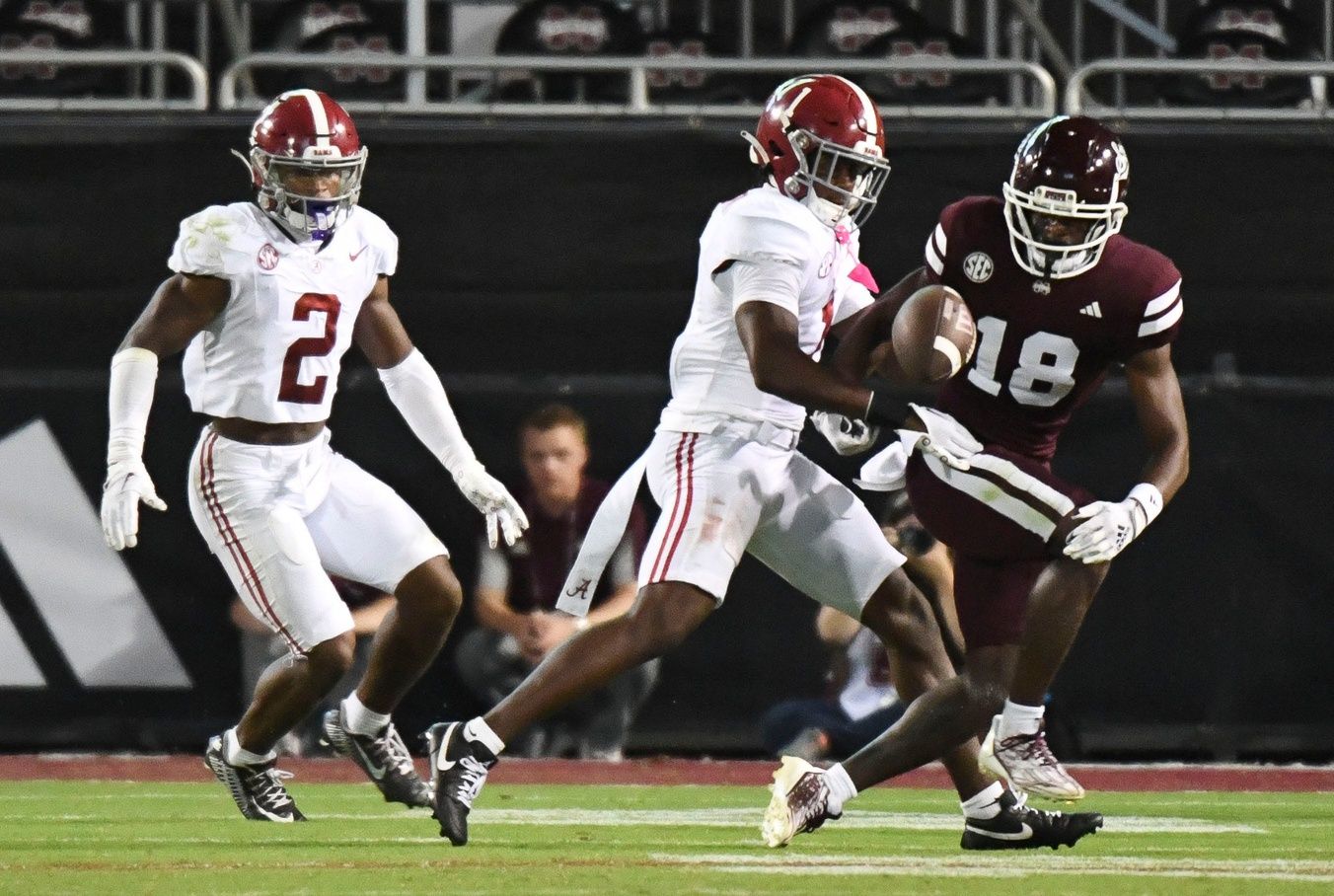 Alabama Crimson Tide defensive back Kool-Aid McKinstry (1) breaks up a pass intended for Mississippi State Bulldogs wide receiver Jordan Mosley (18).