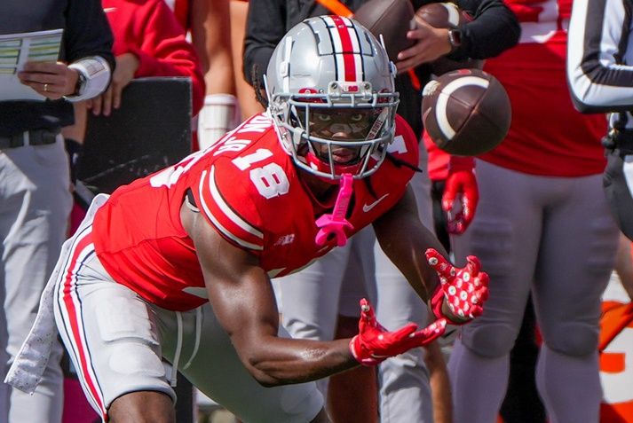 Ohio State Buckeyes WR Marvin Harrison Jr. (18) hauls in a catch.