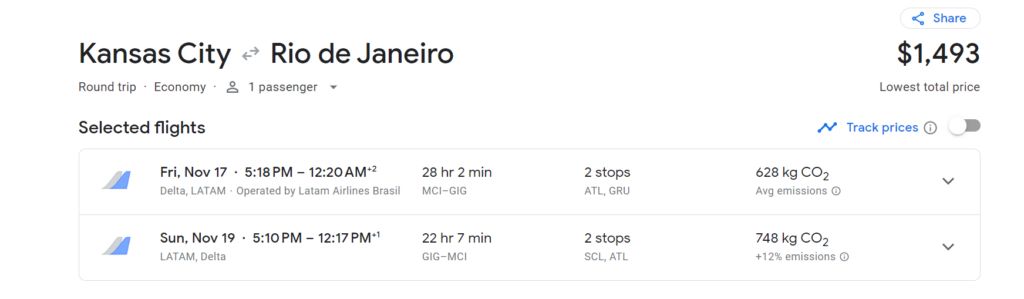 Travel Itinerary for a trip from Kansas City to Rio de Janeiro