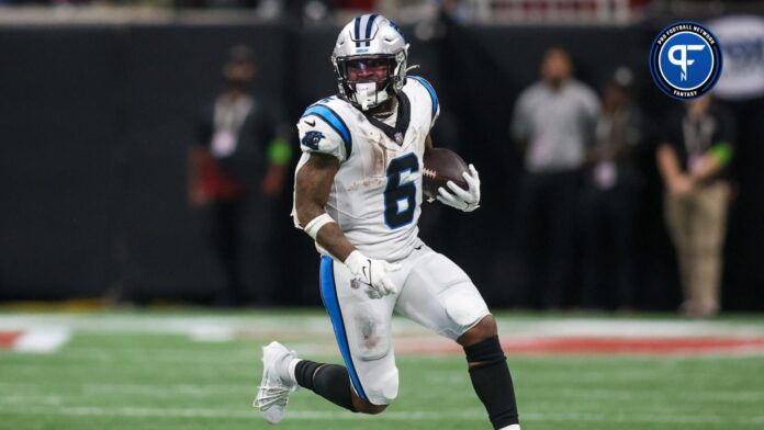 Miles Sanders (6) runs the ball against the Atlanta Falcons in the second half at Mercedes-Benz Stadium.