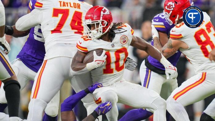 Isiah Pacheco (10) runs with the ball against the Minnesota Vikings in the fourth quarter at U.S. Bank Stadium.