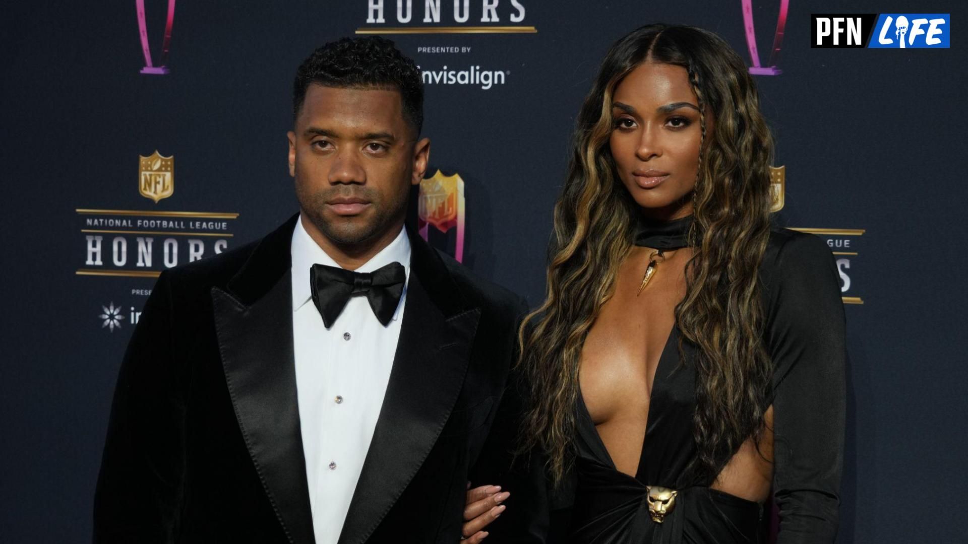 Russell Wilson and his wife Ciara appears on the red carpet prior to the NFL Honors awards presentation at YouTube Theater.