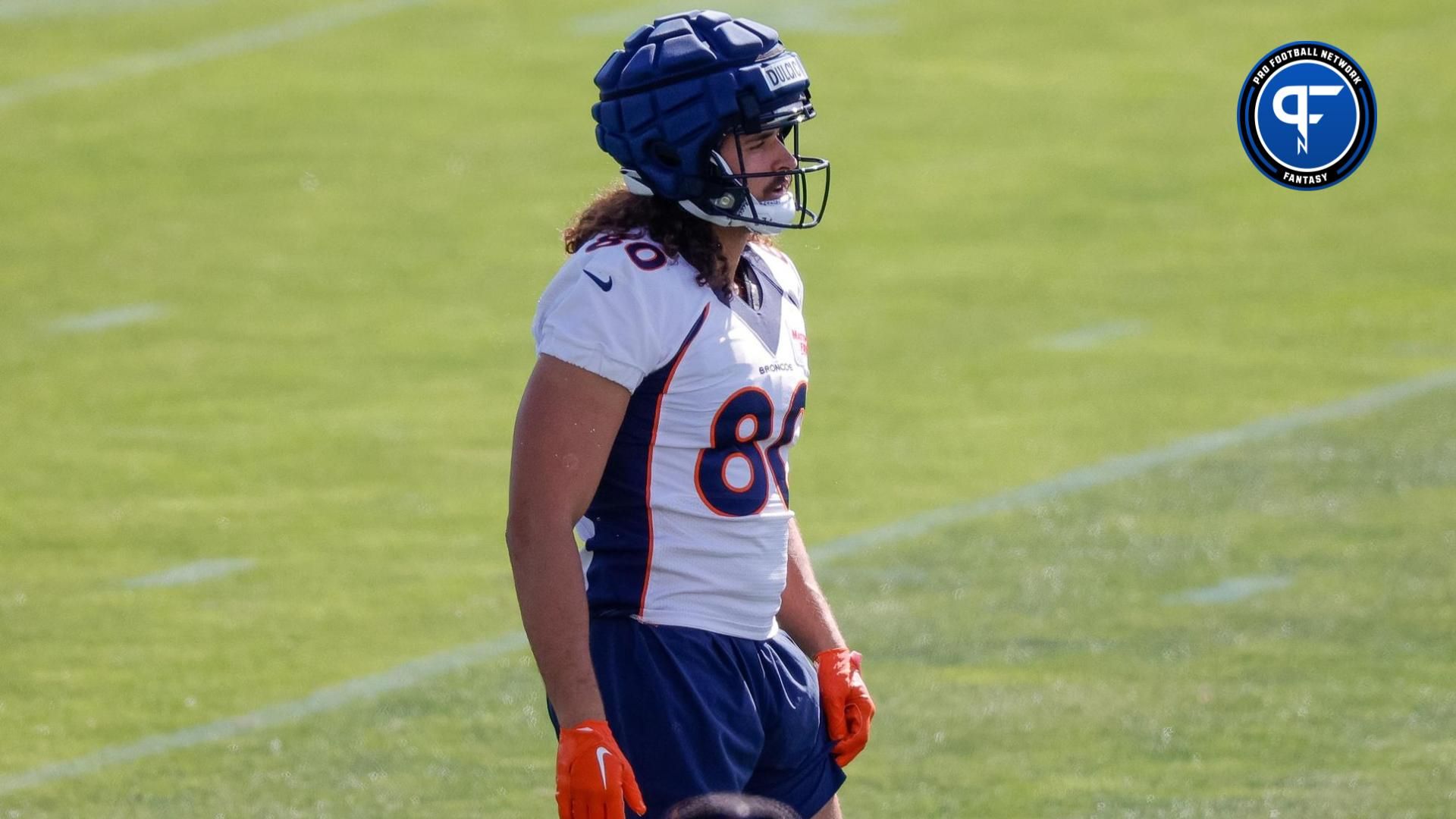 Denver Broncos tight end Greg Dulcich (80) during training camp at Centura Health Training Center.