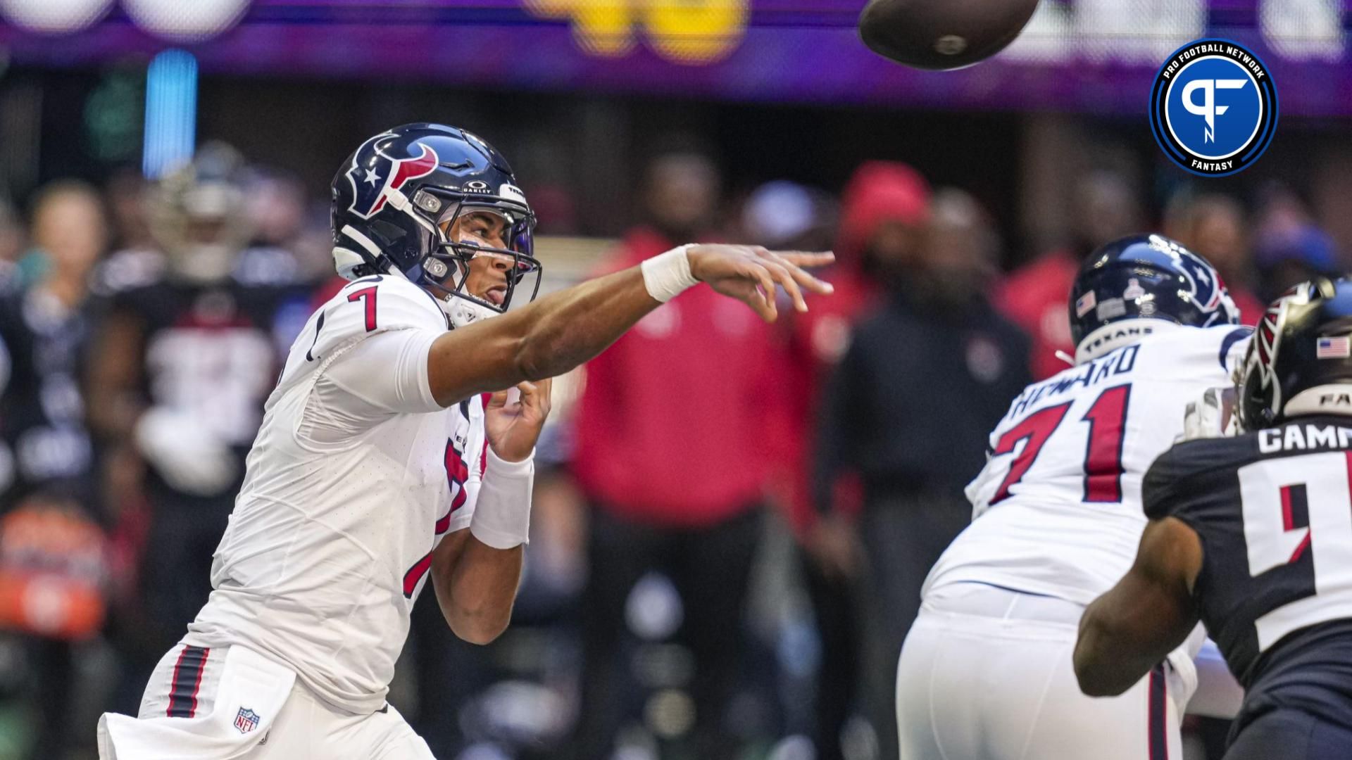 Houston Texans QB C.J. Stroud throws pass vs. the Atlanta Falcons.