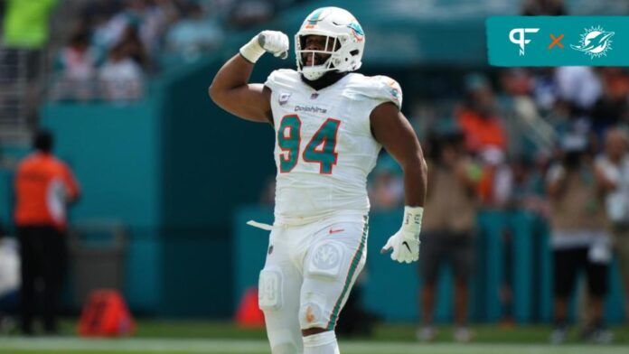 Miami Dolphins defensive tackle Christian Wilkins (94) celebrates after sacking New York Giants quarterback Daniel Jones (not pictured) during the first half at Hard Rock Stadium.