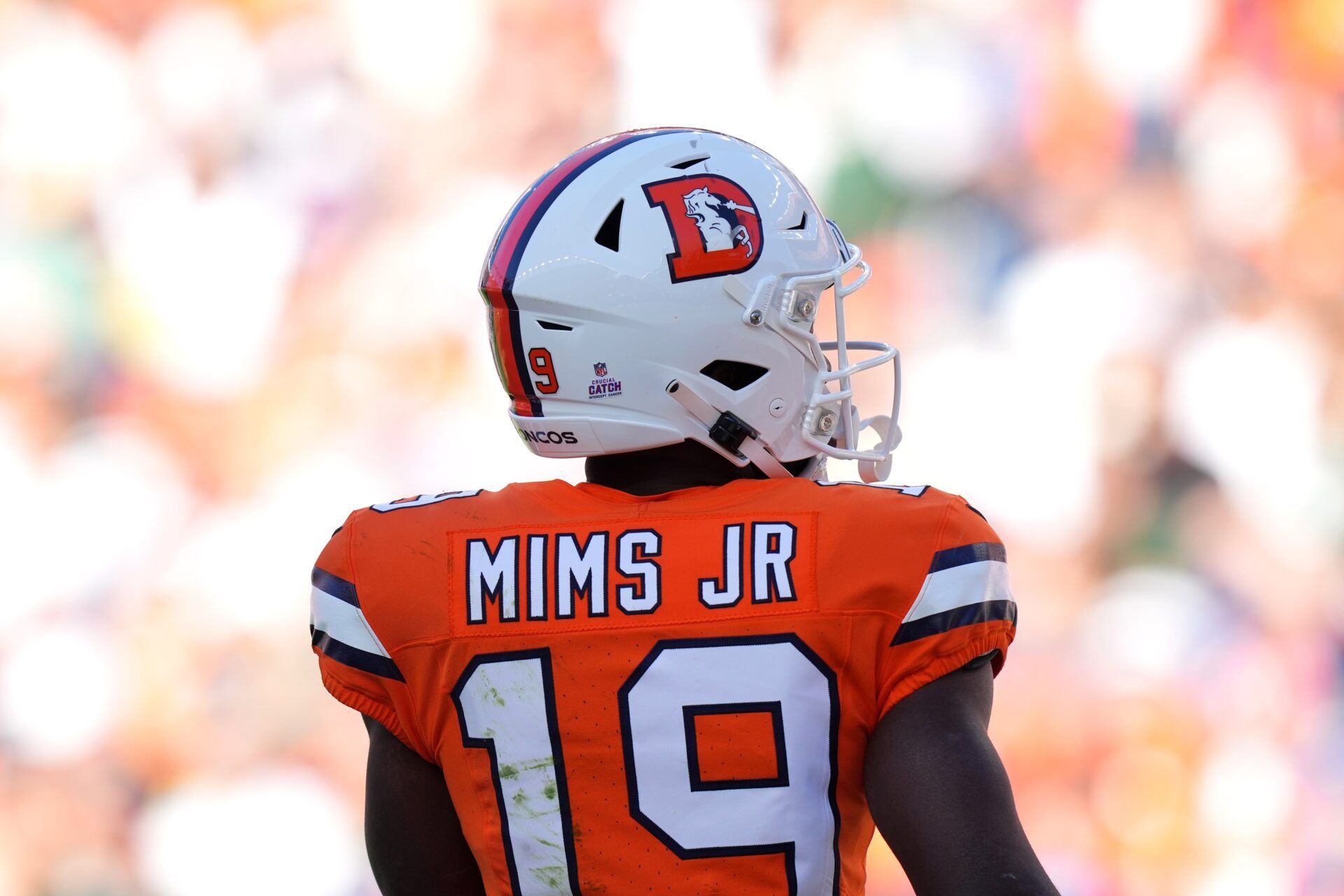 Detailed view of the Snow Capped helmet worn by Denver Broncos wide receiver Marvin Mims Jr. (19).