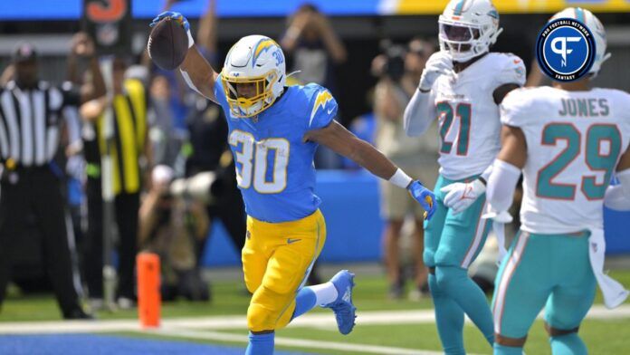 Los Angeles Chargers running back Austin Ekeler (30) celebrates after a touchdown in the first half against the Miami Dolphins at SoFi Stadium.